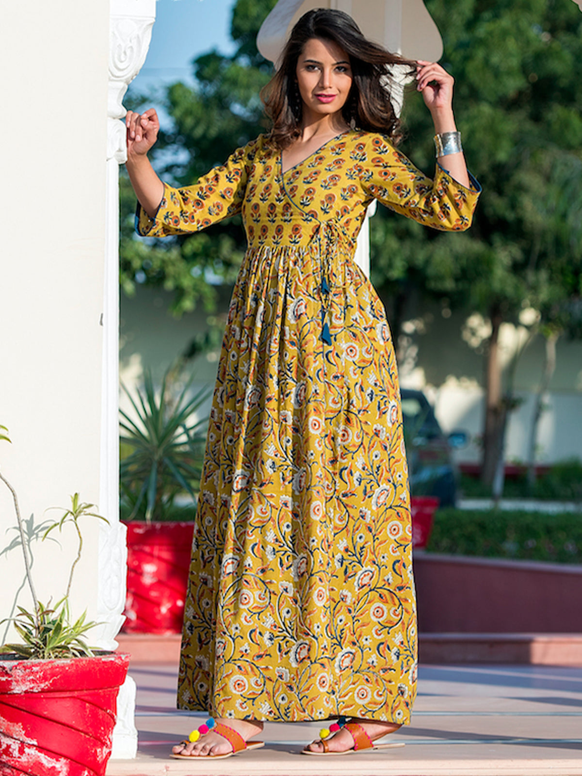 Odette Yellow Muslin Printed Stitched Gown for Women