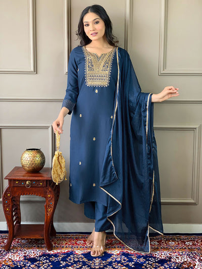 Odette Navy Blue Embroidered Rayon Stitched Kurta Salwar Set For Women