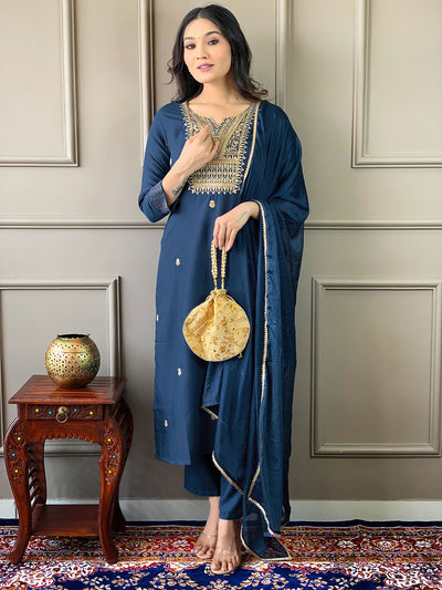 Odette Navy Blue Embroidered Rayon Stitched Kurta Salwar Set For Women