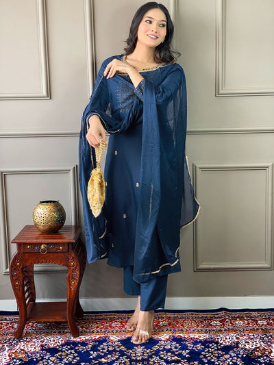 Odette Navy Blue Embroidered Rayon Stitched Kurta Salwar Set For Women