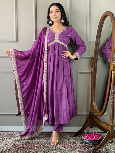 Odette Purple Embroidered Viscose Silk Stitched Kurta Salwar Set For Women