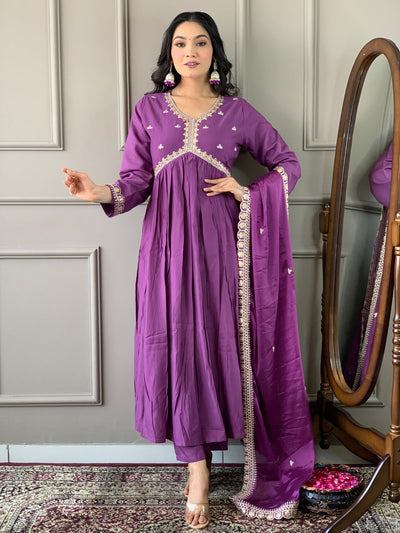 Odette Purple Embroidered Viscose Silk Stitched Kurta Salwar Set For Women