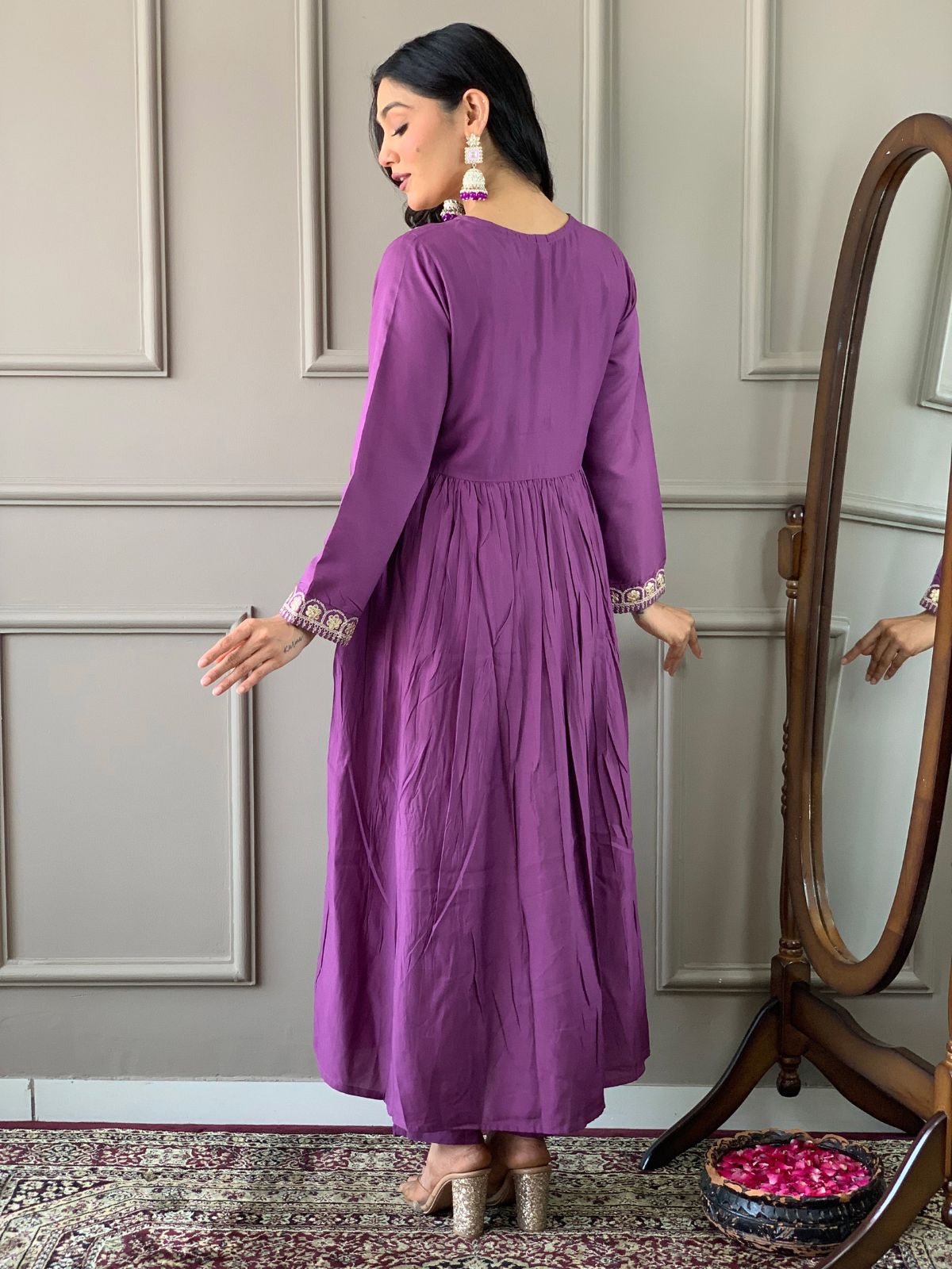 Odette Purple Embroidered Viscose Silk Stitched Kurta Salwar Set For Women