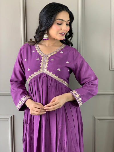 Odette Purple Embroidered Viscose Silk Stitched Kurta Salwar Set For Women