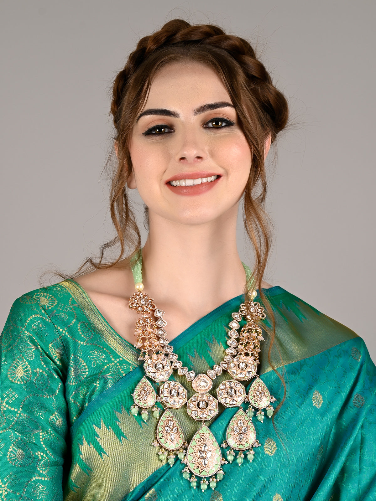 Odette Women Pink And Green Long Necklace Set