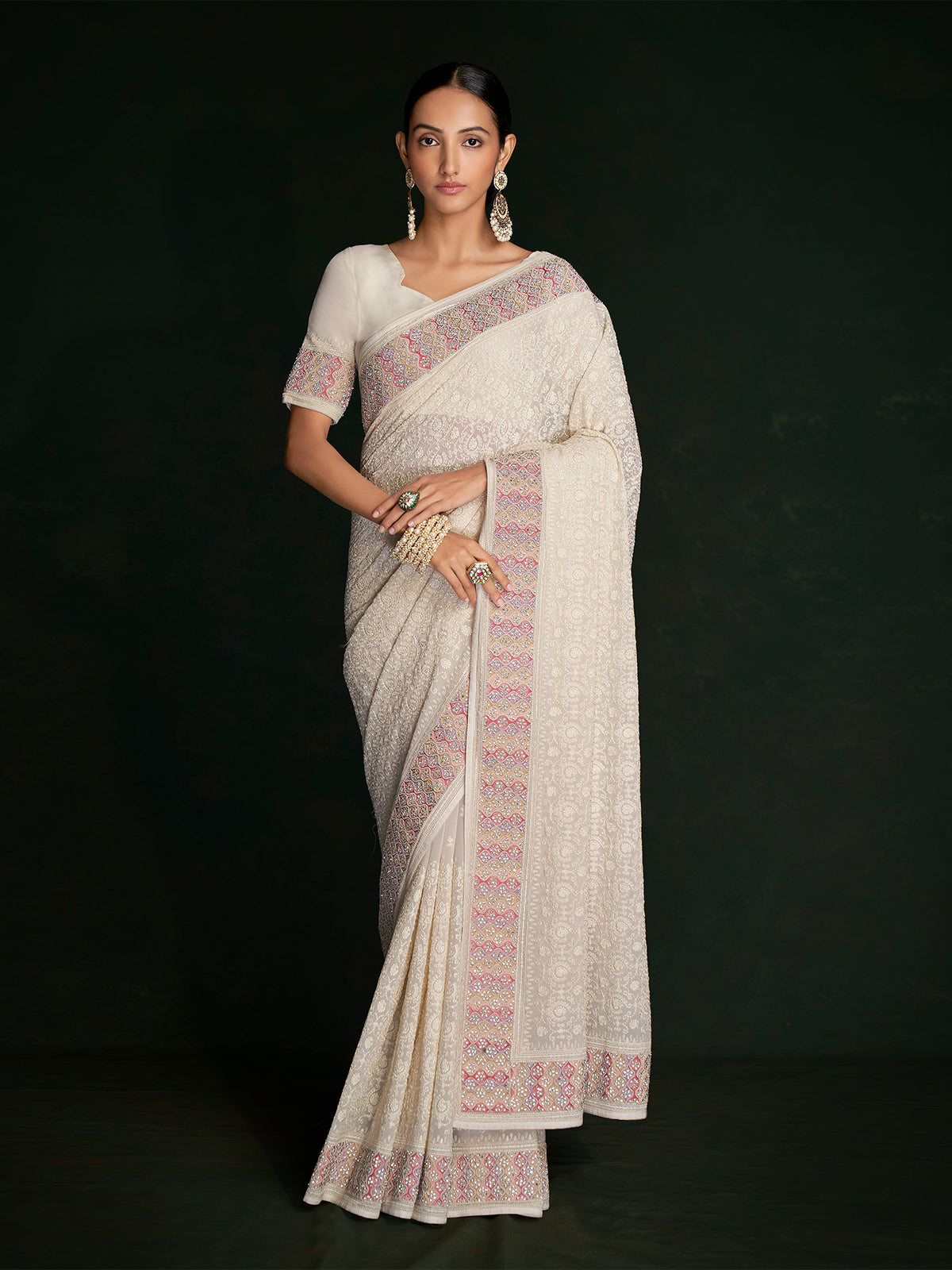 Odette - Modern White Georgette Embroidered Saree With Unstitched Blouse