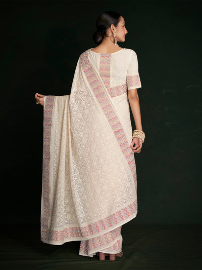 Odette - Modern White Georgette Embroidered Saree With Unstitched Blouse