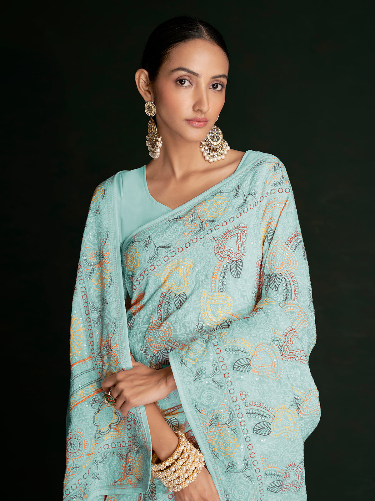 Odette - Beautiful Blue Georgette Embroidered Saree With Unstitched Blouse