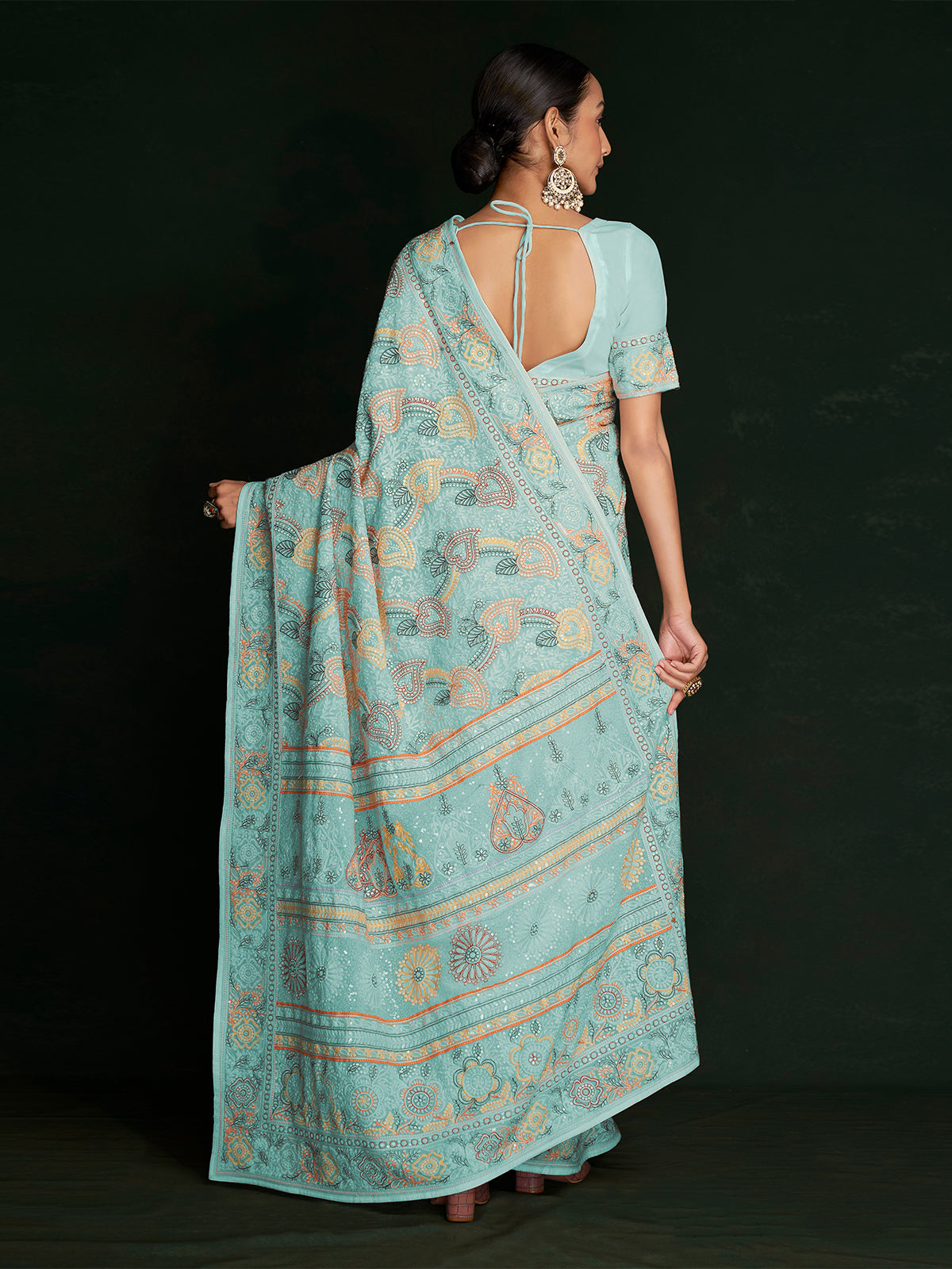 Odette - Beautiful Blue Georgette Embroidered Saree With Unstitched Blouse