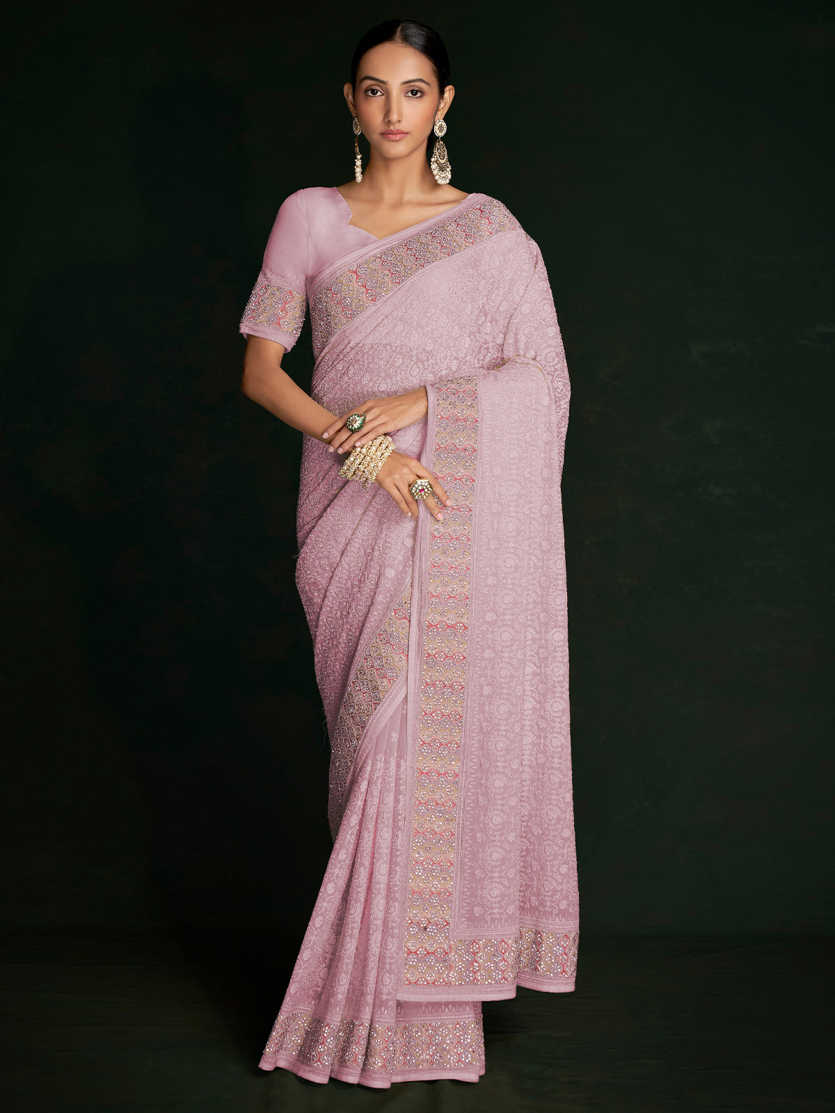 Odette - Modern Pink Georgette Embroidered Saree With Unstitched Blouse