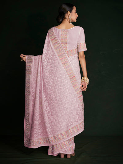 Odette - Modern Pink Georgette Embroidered Saree With Unstitched Blouse
