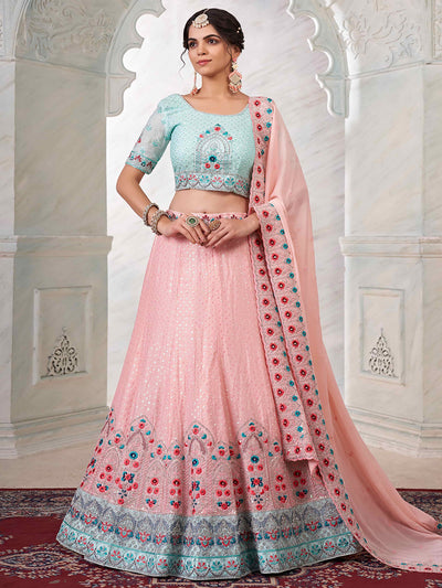 Odette Women's Peach Georgette Semi stitched Lehenga With Unstitched Blouse