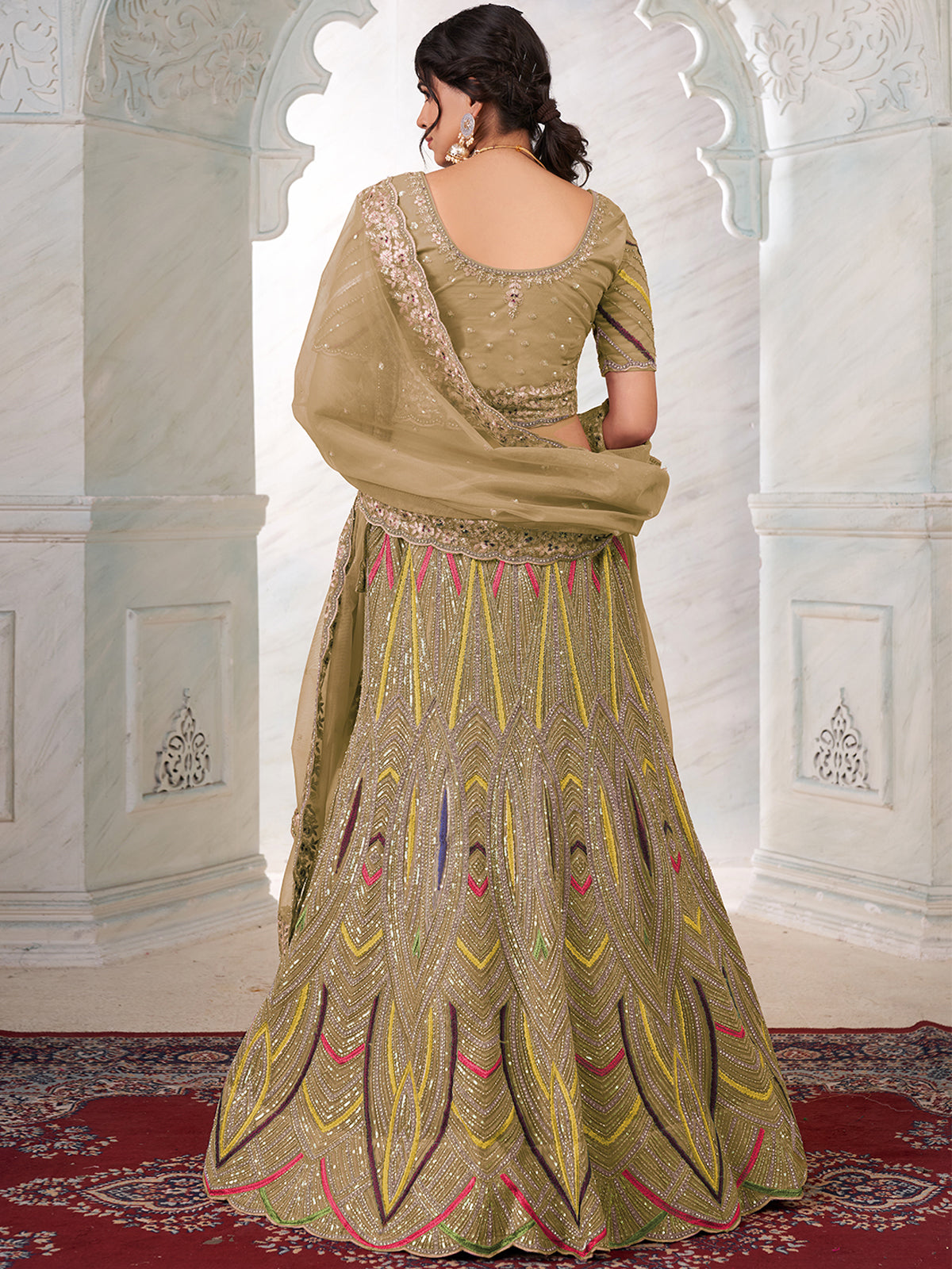 Odette Women's Olive Net Semi stitched Lehenga With Unstitched Blouse