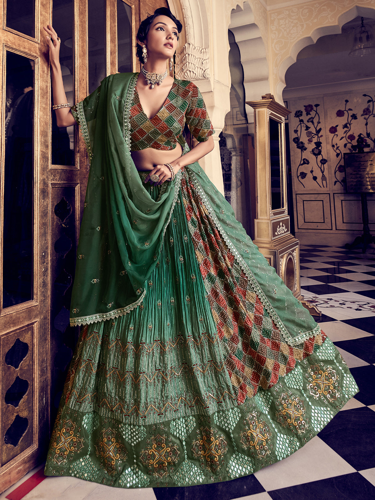 Dark Green Lehenga Choli Embellished Embroidered Work