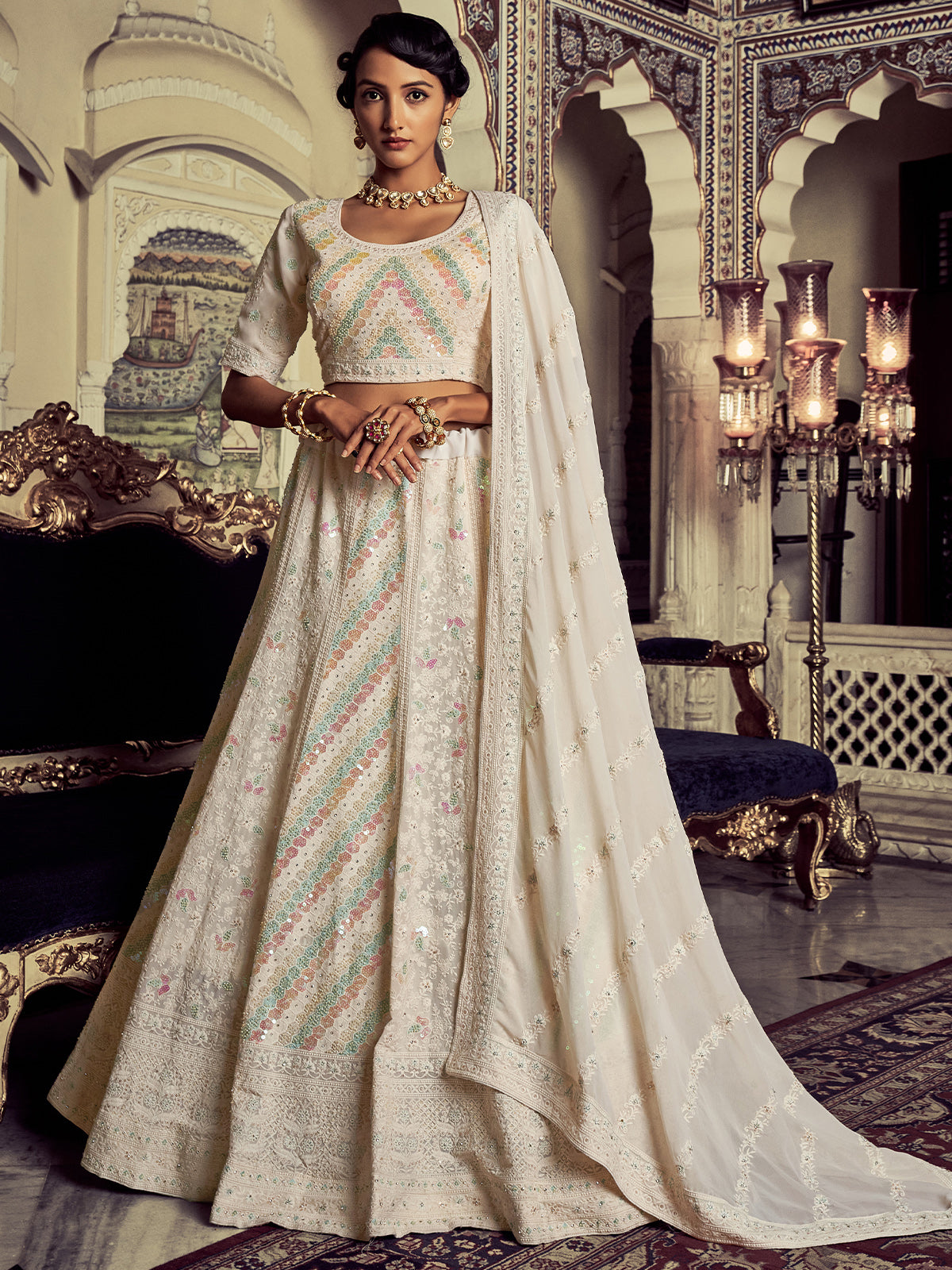 Buy Usha Printed Lehenga Kurti/Floral Heavy Beautiful Mirror Work Lehenga  With Dupatta Soft Muslin Cotton Set For Women & Girls Indian Outfit (Fully  Stitch) at Amazon.in