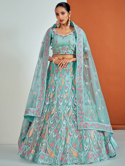 Odette - Stylish Blue Soft Net Semi Stitched Lehenga With Unstitched Blouse