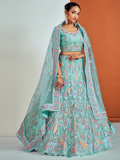 Odette - Stylish Blue Soft Net Semi Stitched Lehenga With Unstitched Blouse