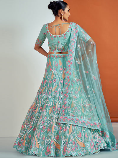 Odette - Stylish Blue Soft Net Semi Stitched Lehenga With Unstitched Blouse