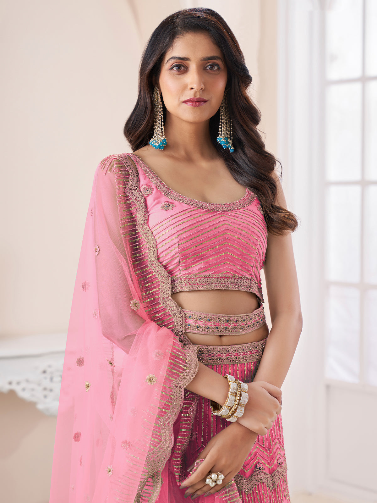 Pink Soft Net Embroidered Semi Stitched Lehenga With Unstitched Blouse