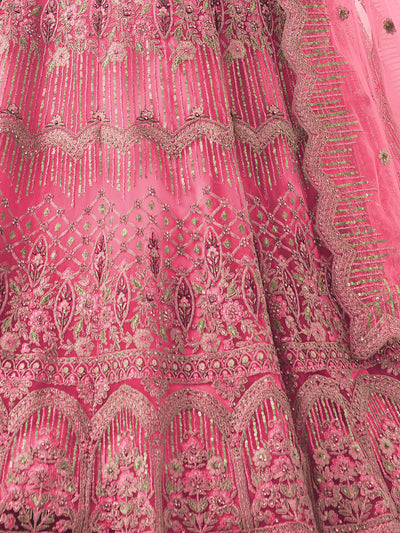 Pink Soft Net Embroidered Semi Stitched Lehenga With Unstitched Blouse