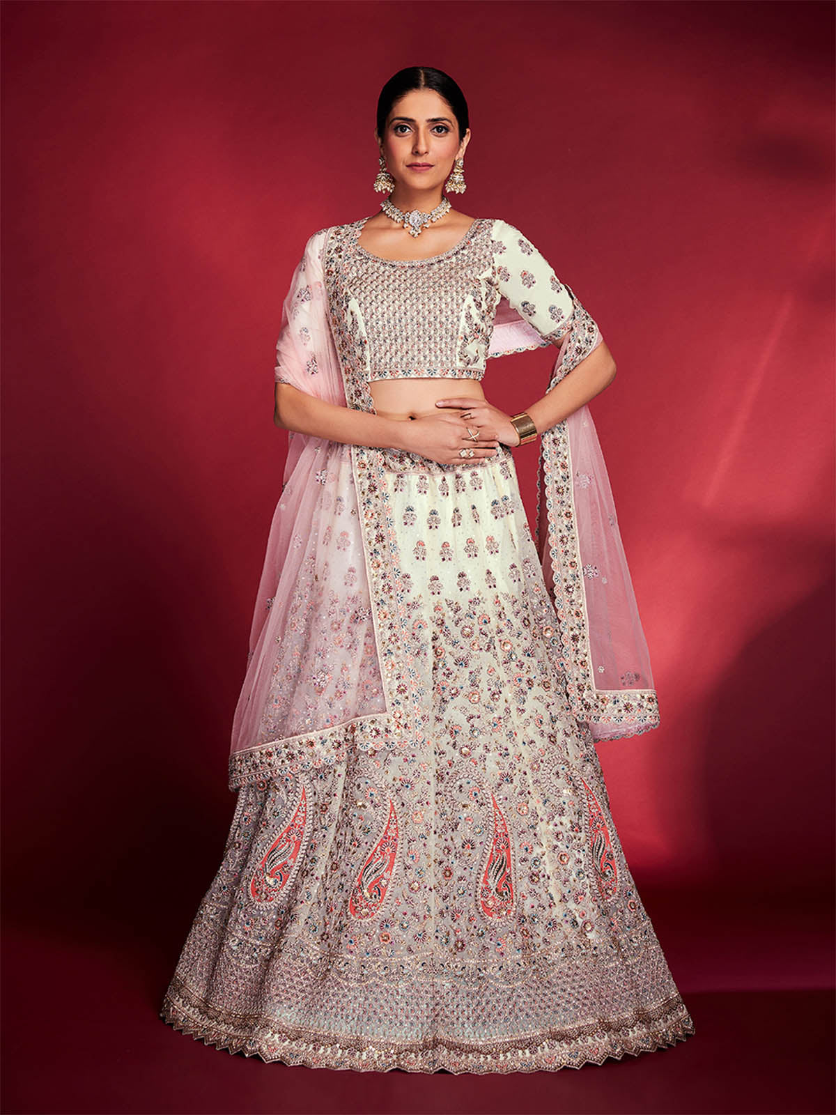 Odette - Stylish White Soft Silk Embroidered Semi Stitched Lehenga Choli