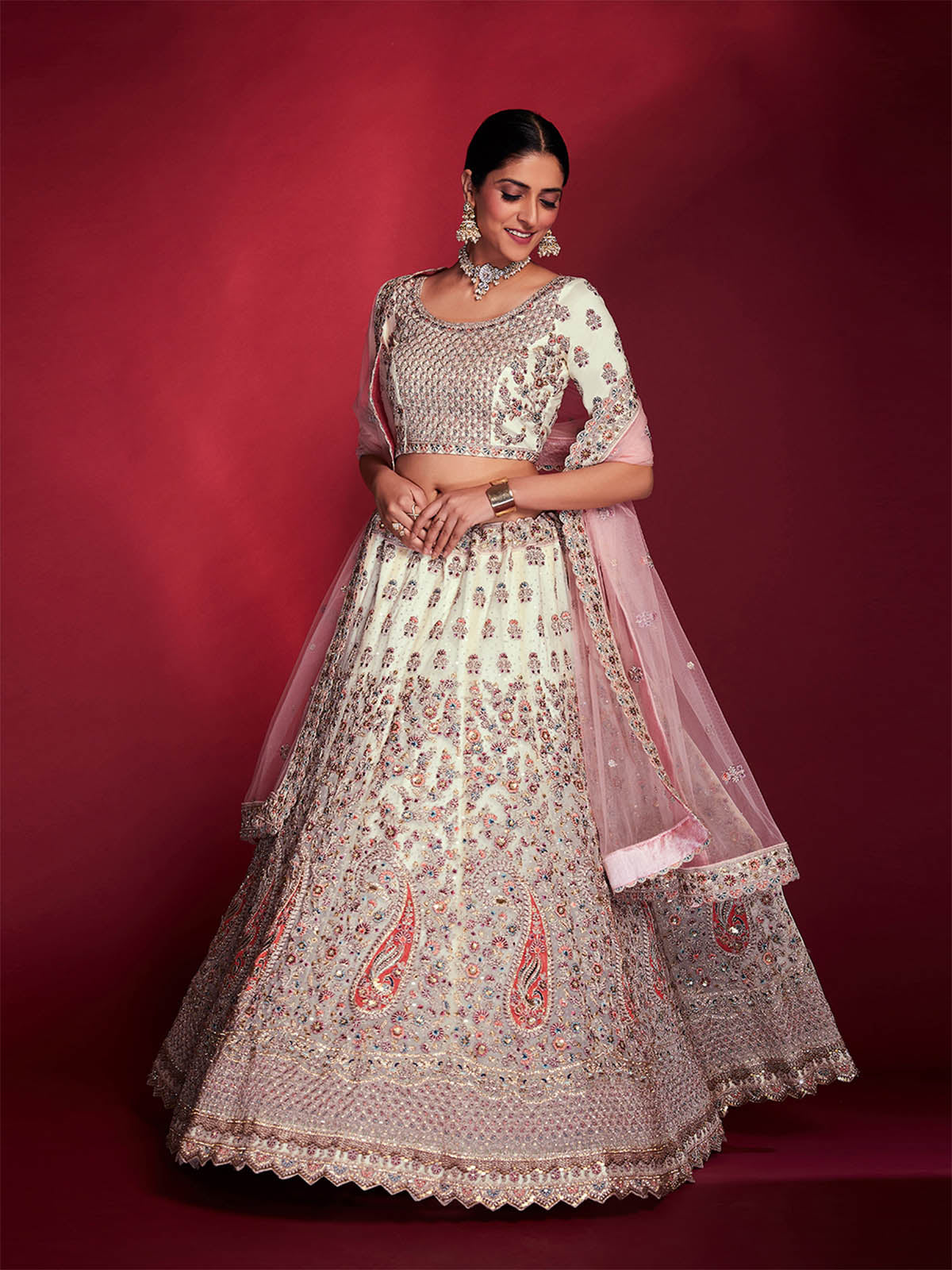 Odette - Stylish White Soft Silk Embroidered Semi Stitched Lehenga Choli