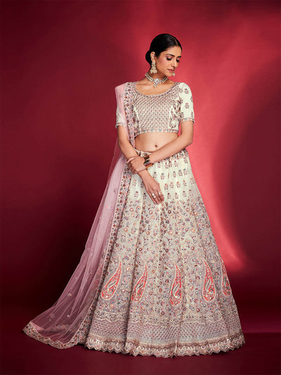 Odette - Stylish White Soft Silk Embroidered Semi Stitched Lehenga Choli