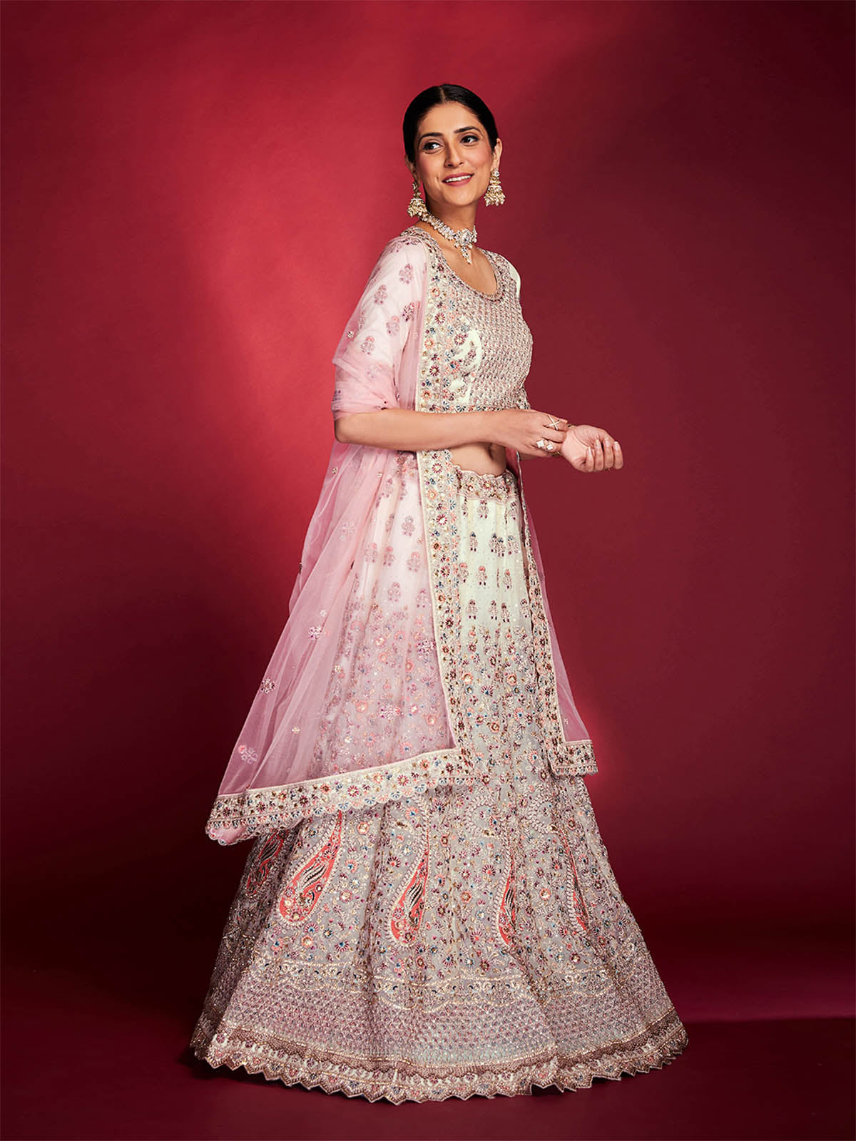 Odette - Stylish White Soft Silk Embroidered Semi Stitched Lehenga Choli