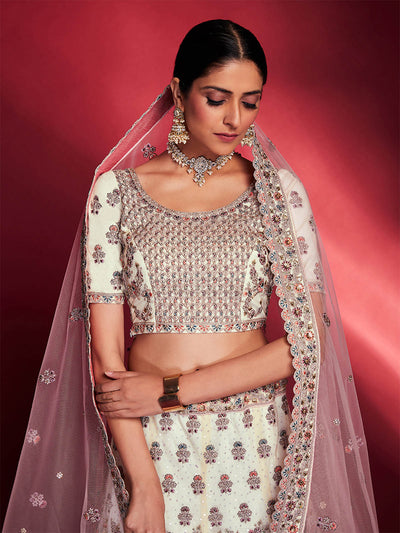 Odette - Stylish White Soft Silk Embroidered Semi Stitched Lehenga Choli