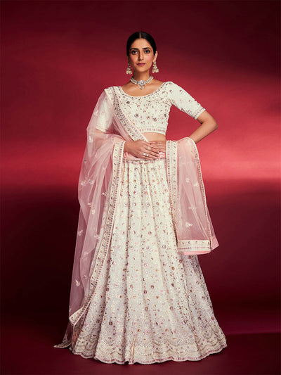 Odette - Gorgeous White Georgette Embroidered Semi Stitched Lehenga Choli