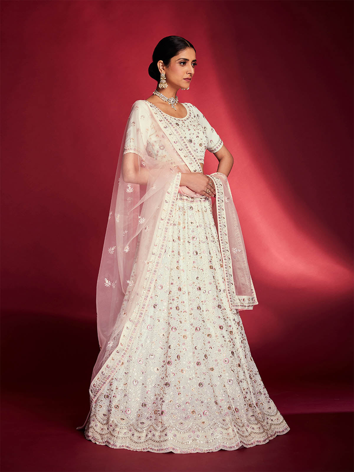 Odette - Gorgeous White Georgette Embroidered Semi Stitched Lehenga Choli