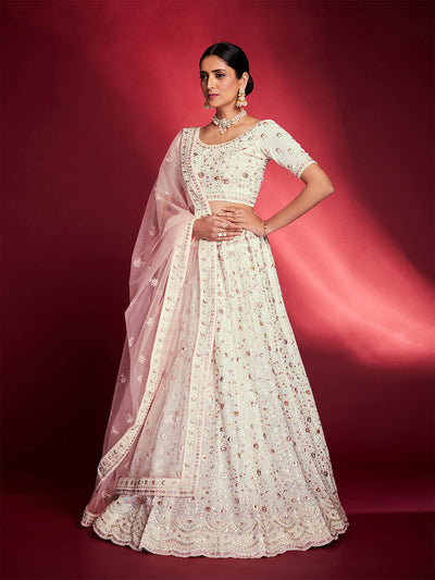 Odette - Gorgeous White Georgette Embroidered Semi Stitched Lehenga Choli