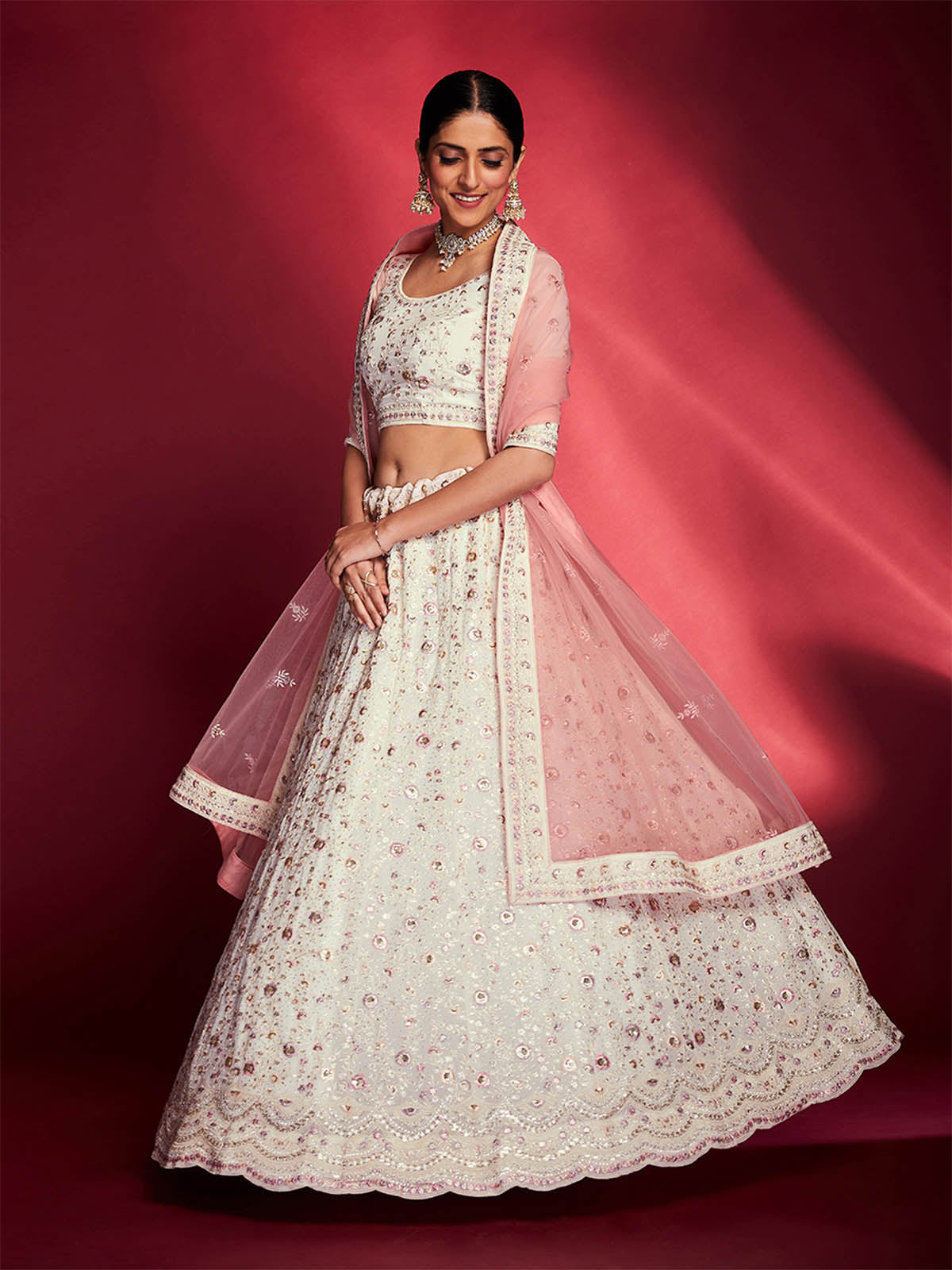 Odette - Gorgeous White Georgette Embroidered Semi Stitched Lehenga Choli