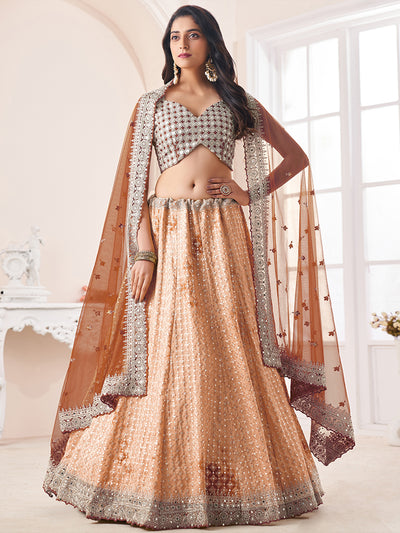 Odette Women's Beige Georgette Semi stitched Lehenga With Unstitched Blouse