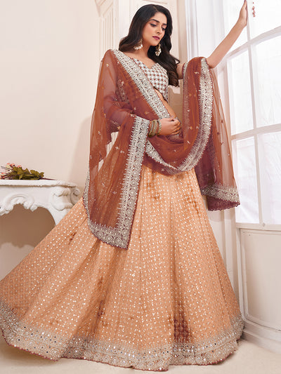 Odette Women's Beige Georgette Semi stitched Lehenga With Unstitched Blouse