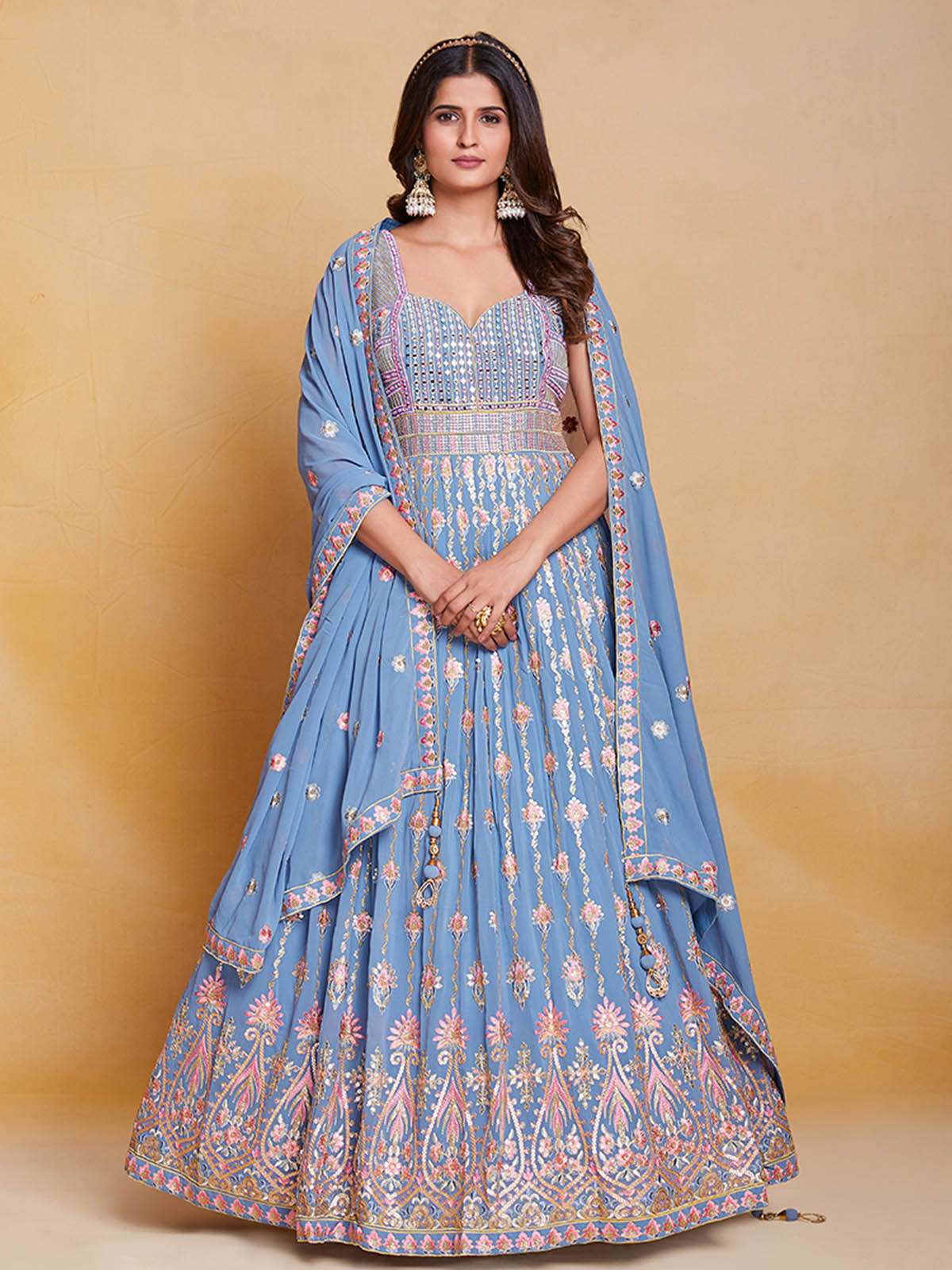 Odette Women Blue Georgette Embroidered Stitched Gown