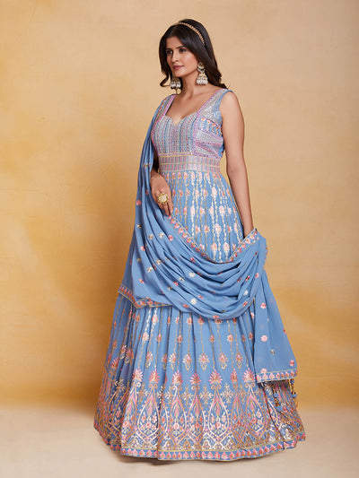 Odette Women Blue Georgette Embroidered Stitched Gown