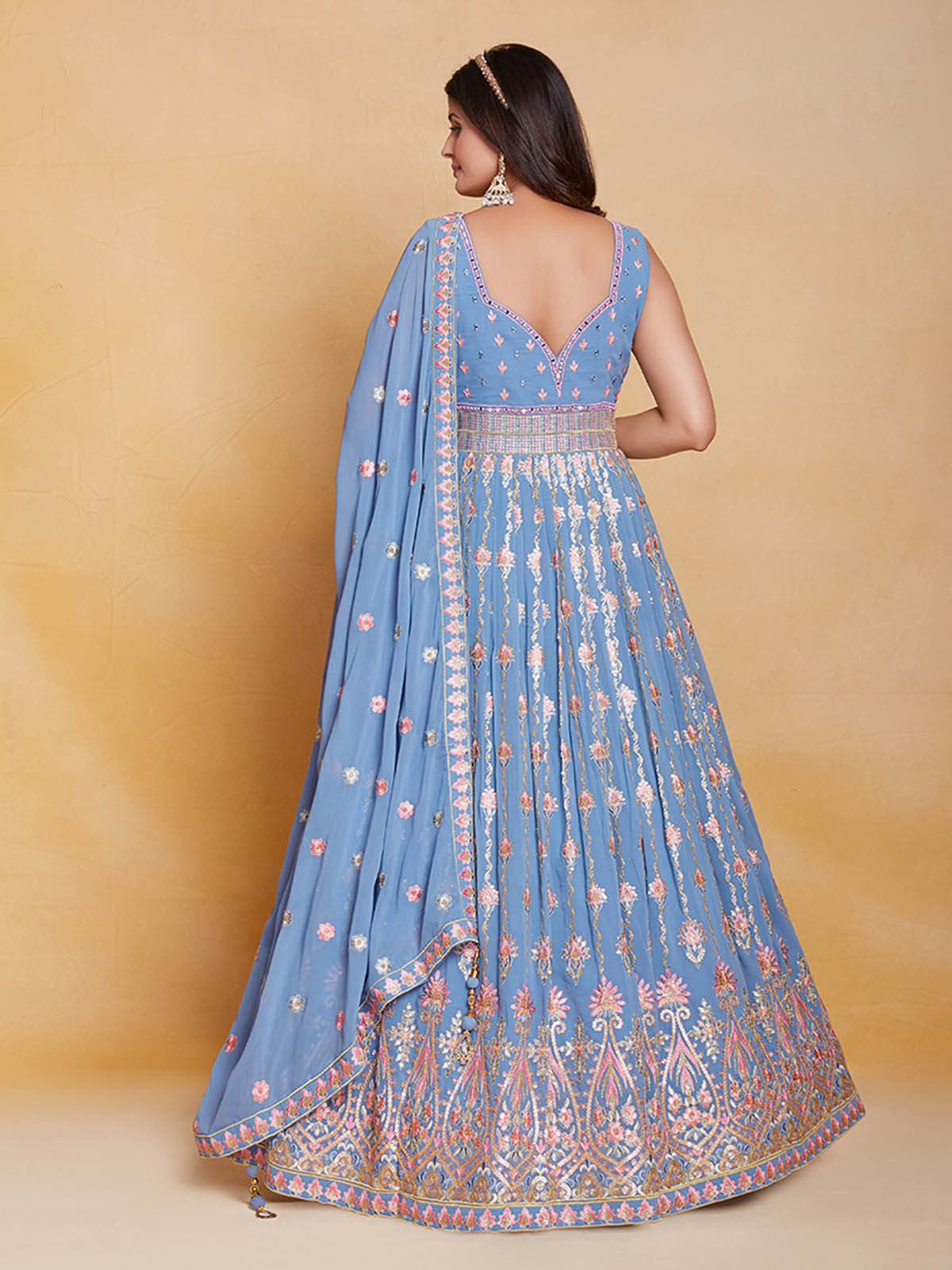 Odette Women Blue Georgette Embroidered Stitched Gown