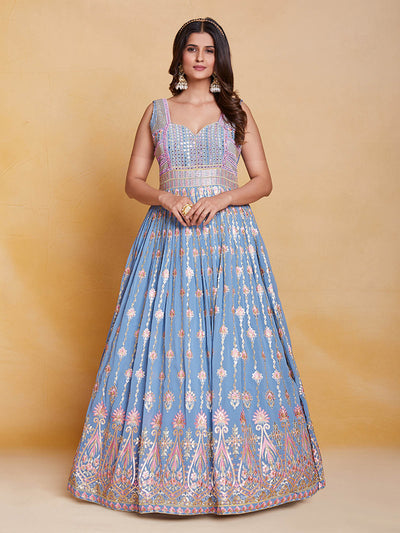 Odette Women Blue Georgette Embroidered Stitched Gown