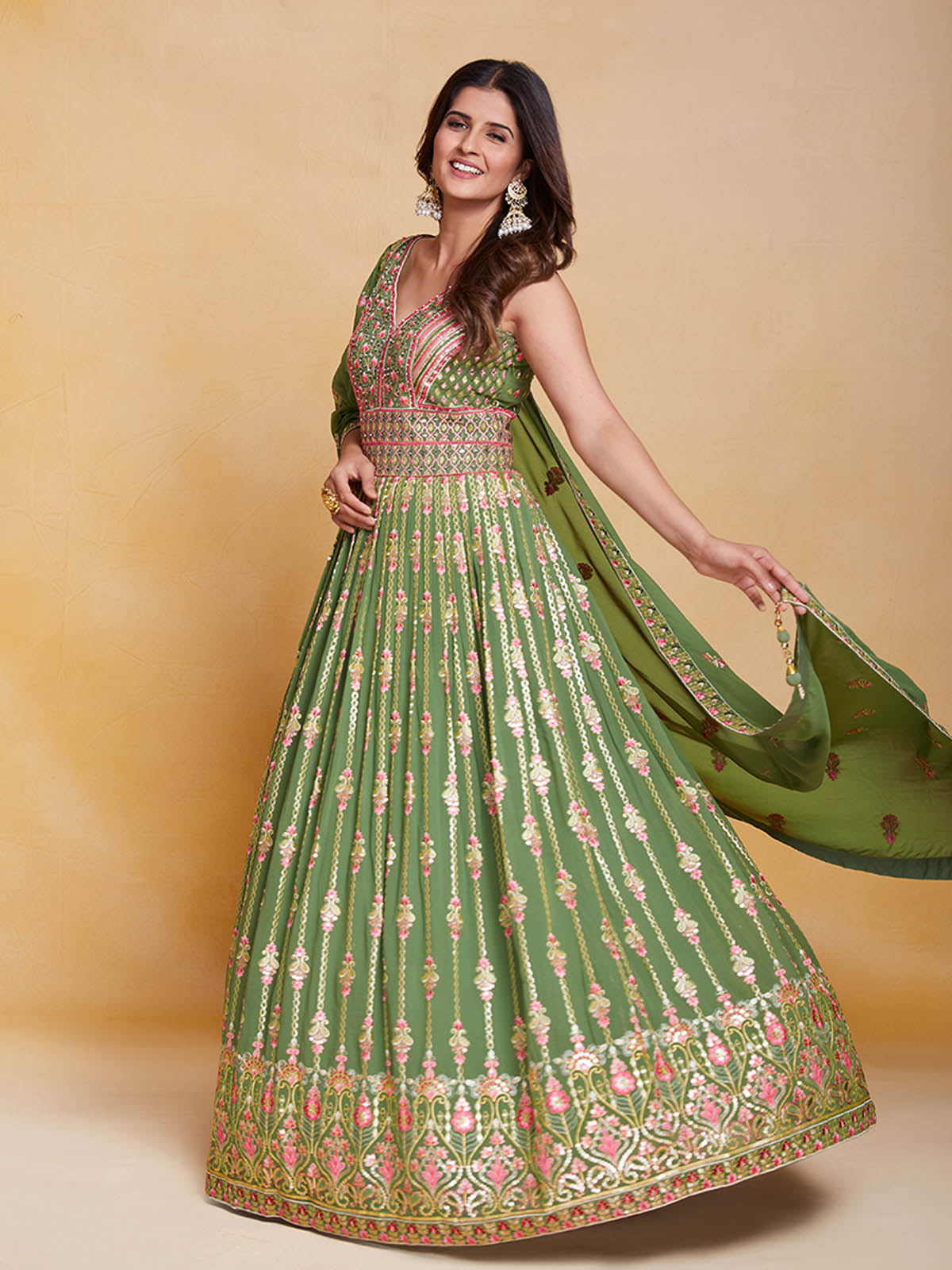 Odette Women Green Georgette Embroidered Stitched Gown