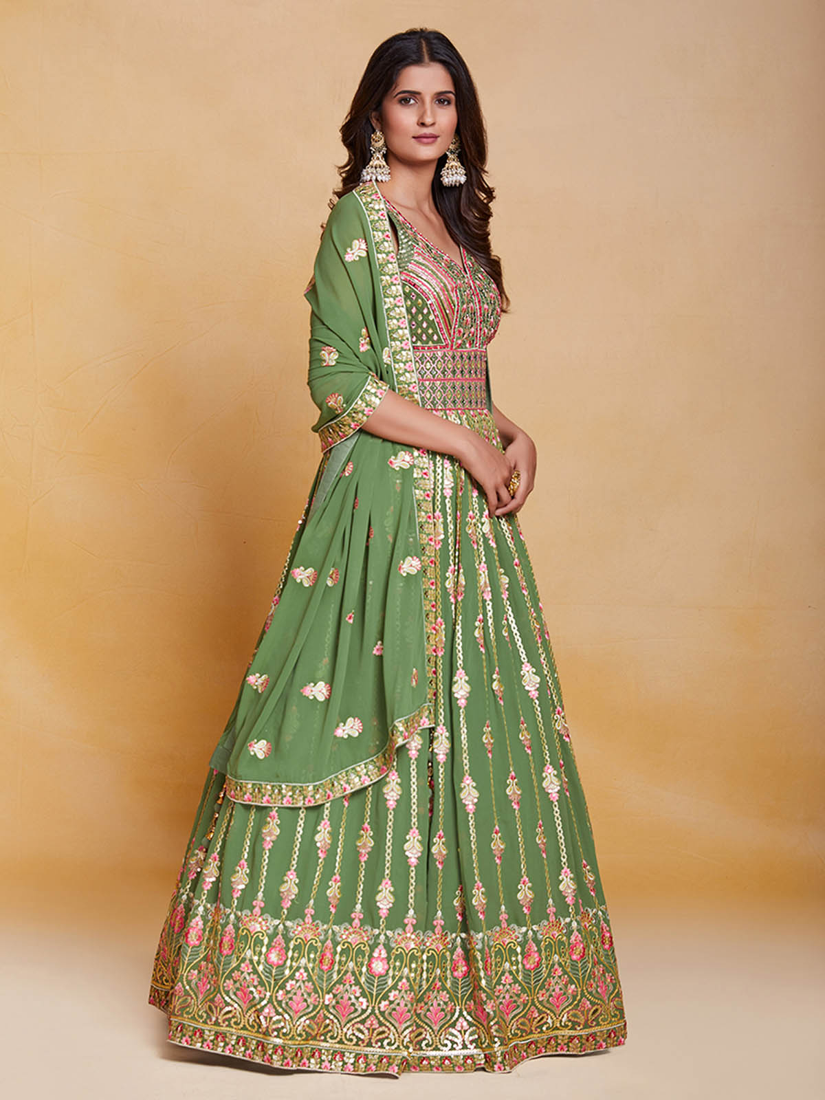 Odette Women Green Georgette Embroidered Stitched Gown