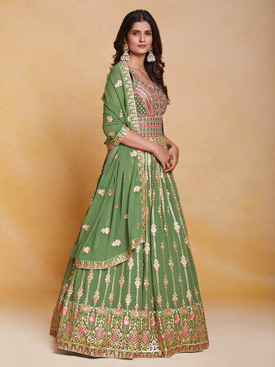 Odette Women Green Georgette Embroidered Stitched Gown