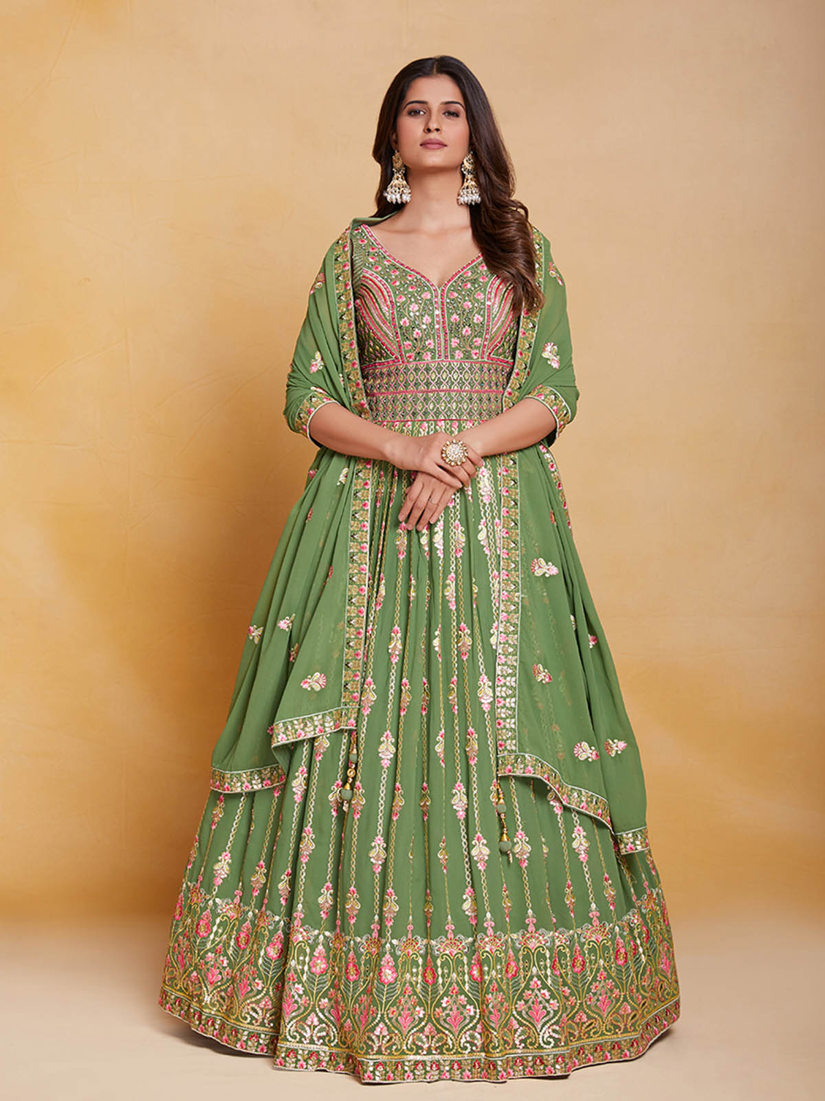 Odette Women Green Georgette Embroidered Stitched Gown