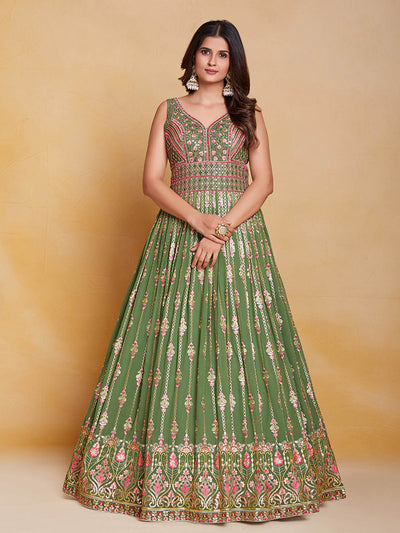 Odette Women Green Georgette Embroidered Stitched Gown