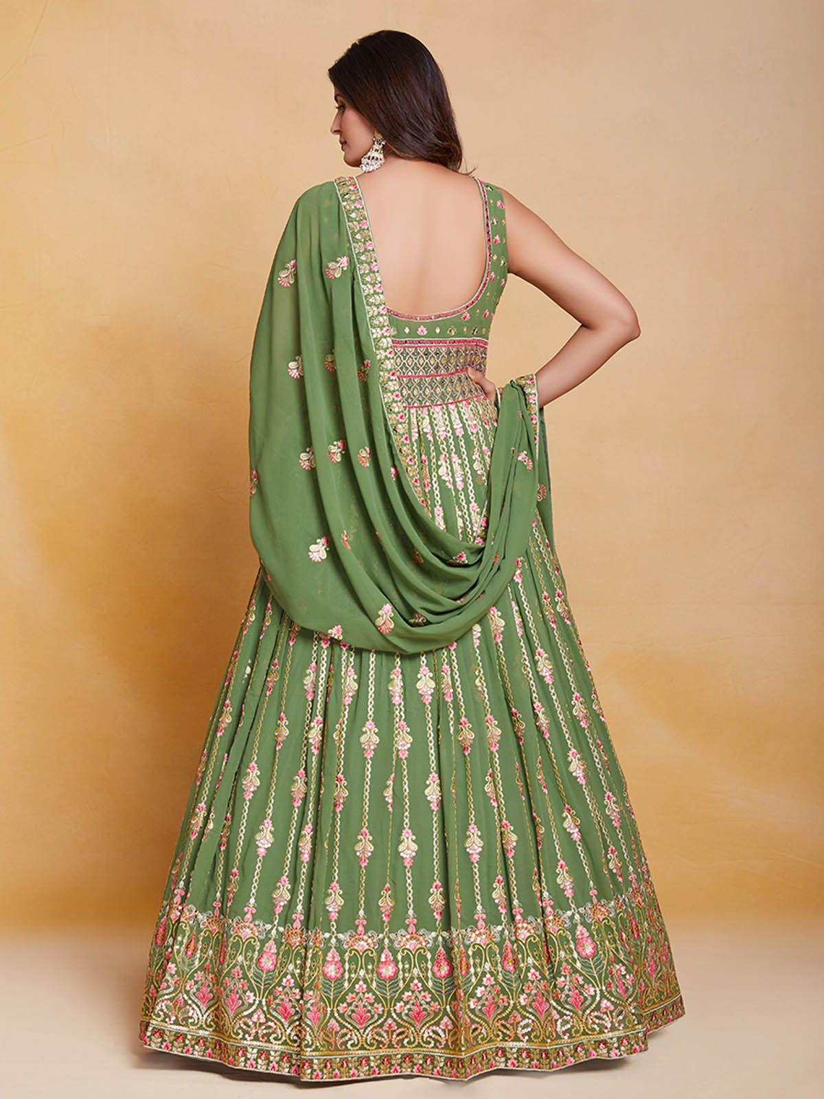 Odette Women Green Georgette Embroidered Stitched Gown