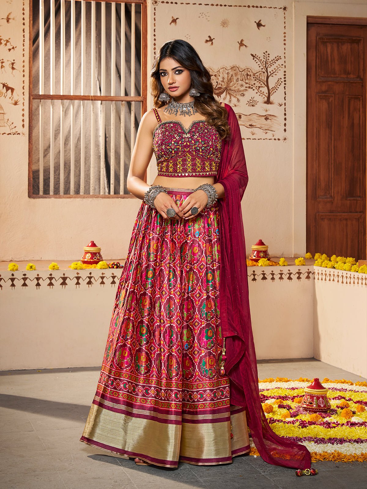 Odette Women Maroon Silk Printed Semi Stitched Lehenga With Unstitched Blouse