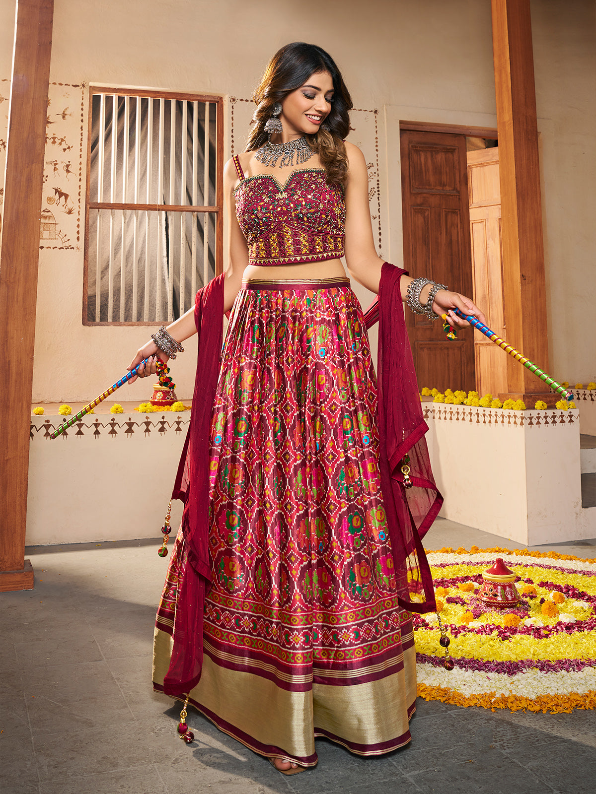 Odette Women Maroon Silk Printed Semi Stitched Lehenga With Unstitched Blouse