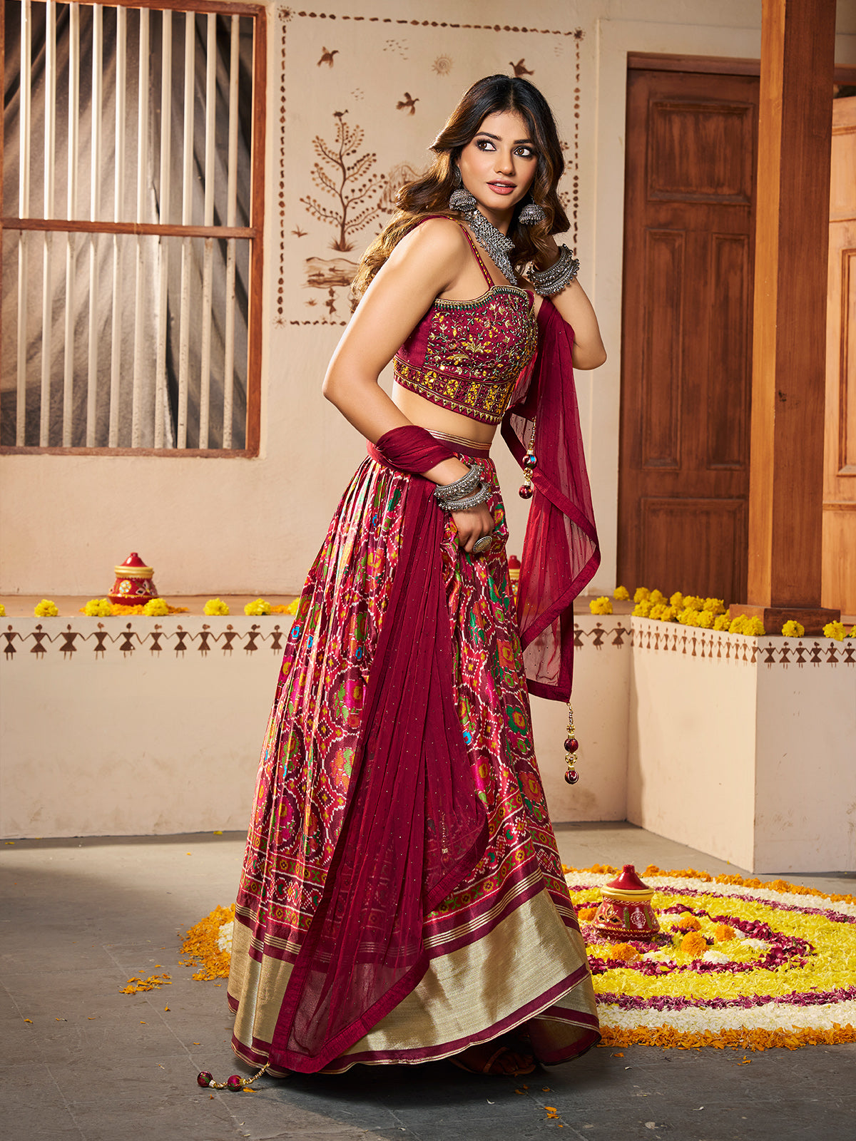 Odette Women Maroon Silk Printed Semi Stitched Lehenga With Unstitched Blouse