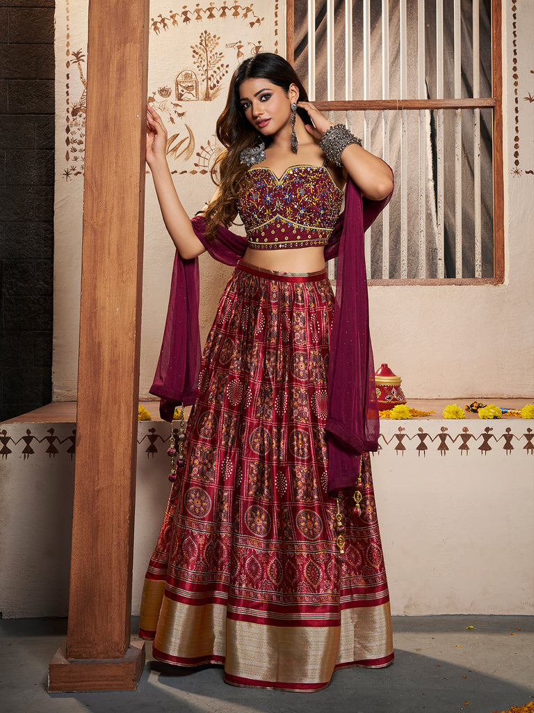 Wine embroidered lehenga Design by Neha & Tarun at Modvey | Modvey