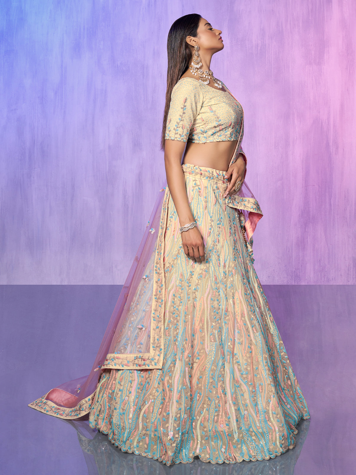 Odette Off White Embroidered Organza  Semi Stitched Lehenga With Unstitched Blouse  For Women